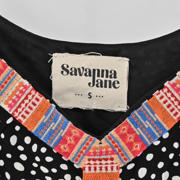 Savanna Jane Embroidered Maxi Dress Womens Sz S Black Polka Dot Bohemian Hippie - Picture 6 of 11
